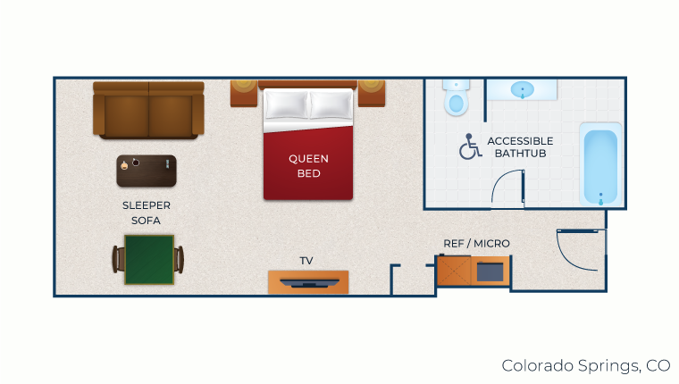 The floorplan for the accessible bathtub Queen Sofa Suite 